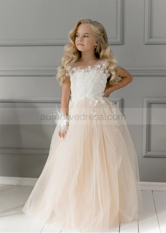 Ivory Lace Champagne Glitter Tulle Flower Girl Dress